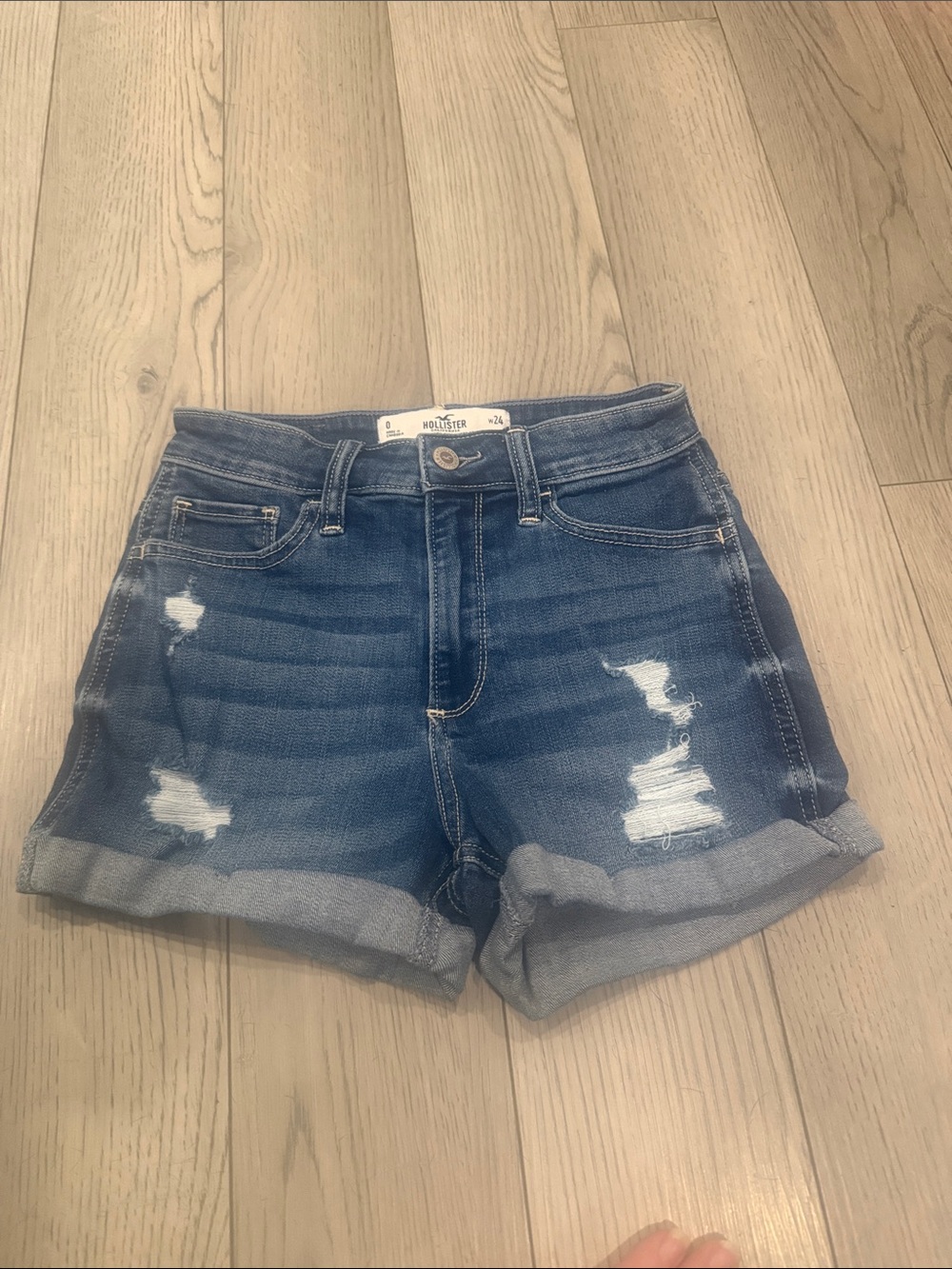 Hollister Rolled-Hem Distressed Dark Blue Denim Shorts
